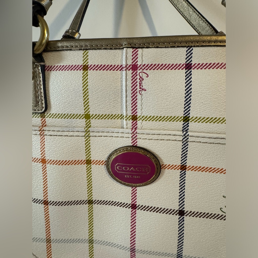 COACH Handbag White with Multicolor Plaid / Square Pattern with matching wallet